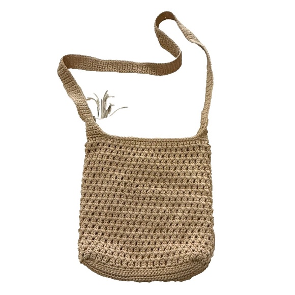 The Sak Tan Crochet Shoulder Bag With Leather Tassel Accent Boho Chic Style - Picture 2 of 7
